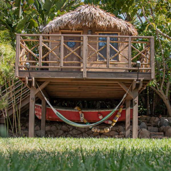 Tropical exotic treehouse with staircase and hammock with jungle backdrop at Tropic Shots production set